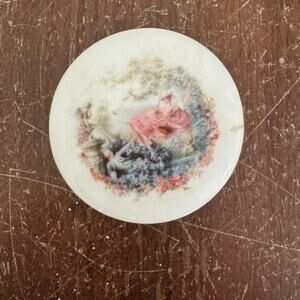 Vintage Ceramic Small Round Trinket‎ box with victorian floral scene gold detail